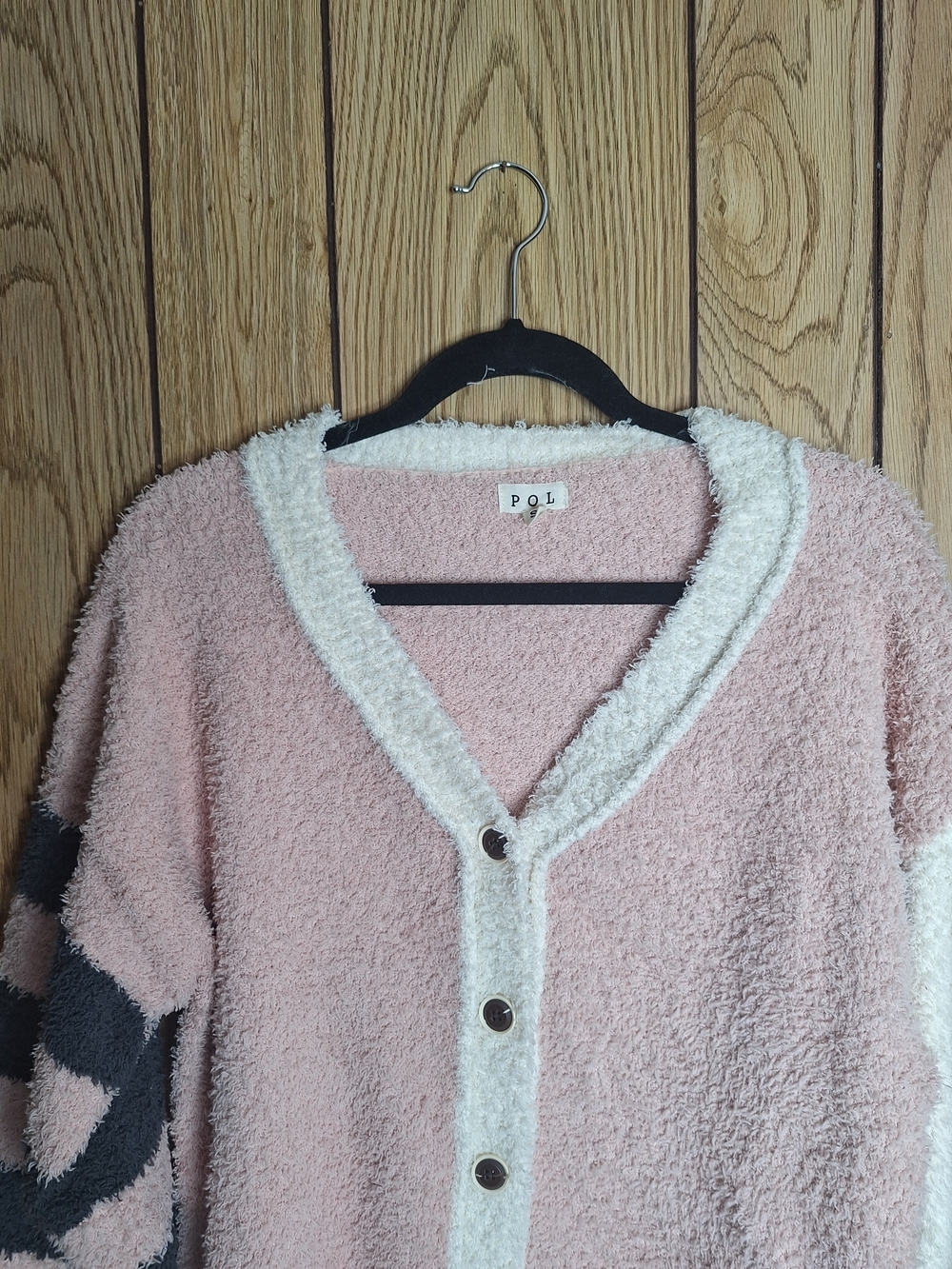 POL Pink and Cream Button-Front Cardigan with Striped Sleeve Size Small - Picture 2 of 6